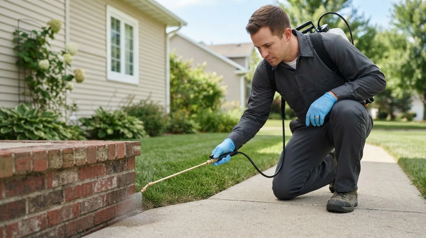Pest control technician treating a home near Niangua, MO